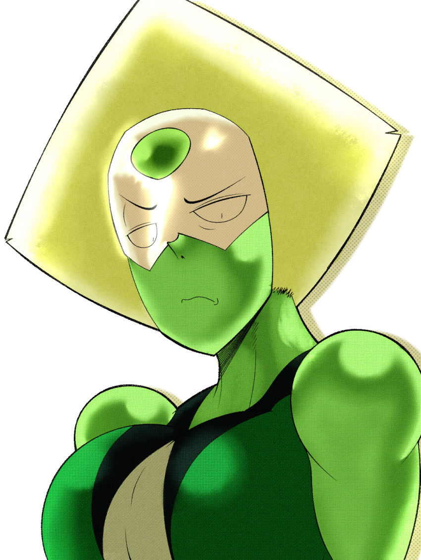 1girls art cartoon_network ceegee clothed clothed_female clothes drawing female female_only gem gem_(species) green_clothes green_clothing green_skin helmet looking_at_viewer muscle neck nose peridot_(steven_universe) pixiv shadow shadows solo steven_universe triangle triangular_headpiece white_background