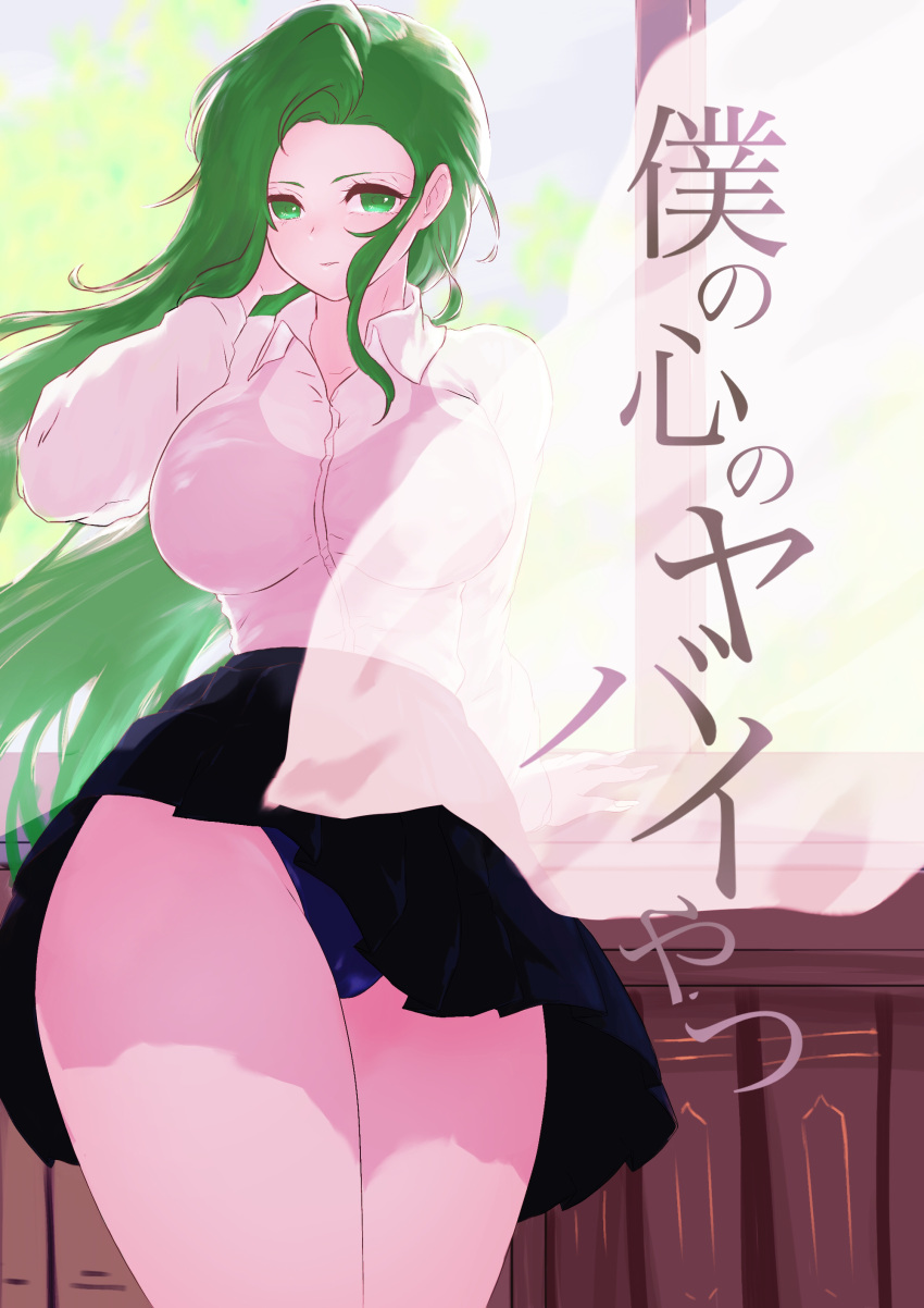 1girls adjusting_hair annand_(fire_emblem) bare_thighs blue_panties book bookshelf breasts curtains female female_only fire_emblem fire_emblem:_genealogy_of_the_holy_war green_eyes green_hair huge_breasts japanese_text long_hair looking_at_viewer nintendo panties pantyshot pantyshot_(standing) see-through shirt skirt skirt_lift solo standing ta_dasu_(tadasu_hayashi) tank_top text thick_thighs thighs translation_request underwear upskirt very_long_hair wind wind_lift windy_skirt