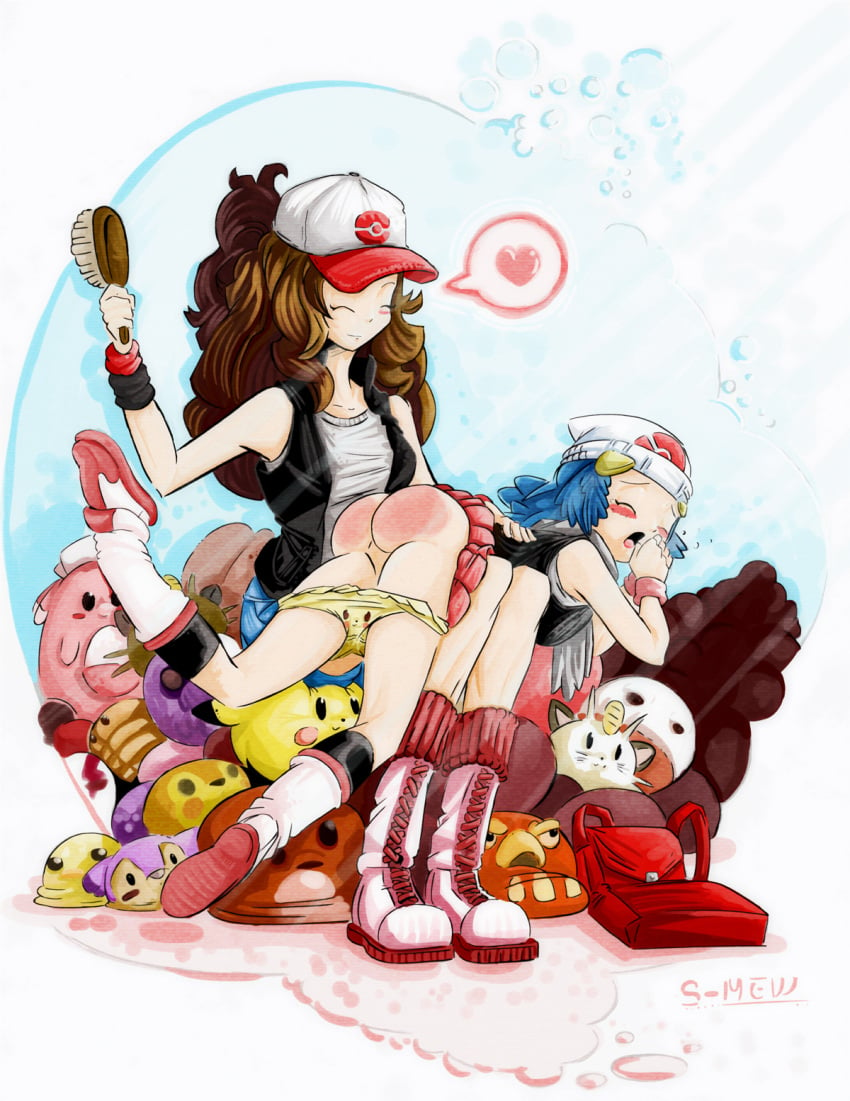 2girls ass bent_over blush chansey darumaka dawn_(pokemon) electrode_(pokemon) heart hi_res hilda_(pokemon) looking_pleasured masochism meowth multiple_girls on_lap over_the_knee over_the_knee_spanking panties panties_down pichu plushie pokemon small_breasts smallmew smile spanked spanking