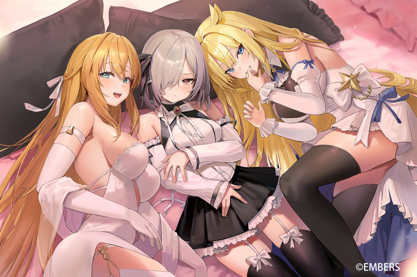 3girls bed bedroom blue_eyes bow bowtie clothed clothed_female dress female female_only freng frilled_skirt frills garter_straps light-skinned_female light_skin long_hair looking_at_viewer lying_down lying_on_back lying_on_bed lying_on_side medium_breasts on_back on_bed on_side orange_hair ornament red_eyes short_hair skirt smile smiling_at_viewer smirk stockings thick_thighs thighs watermark white_hair white_skin yellow_hair