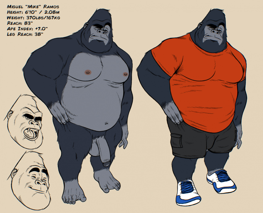 2023 anthro ape balls belly black_body black_fur bodily_fluids bottomwear clothing eyebrows facial_hair footwear fur genital_fluids genitals gorilla grey_body grey_fur hair hairy haplorhine hi_res male mammal maychin model_sheet moobs navel nipples nude pants penis primate shoes simple_background smile solo