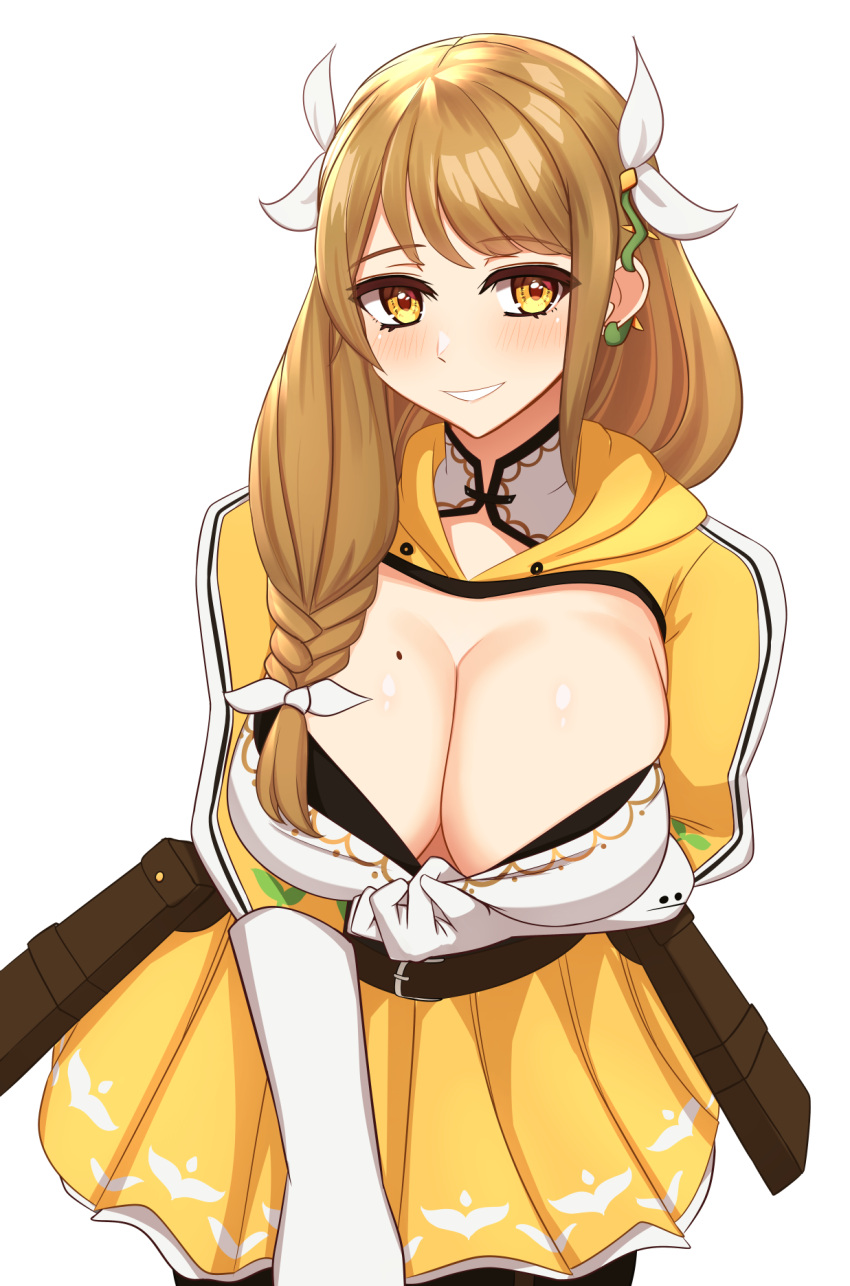 1girls bangs beauty_mark bra braid breasts brown_hair cleavage elbow_gloves female female_only fire_emblem fire_emblem_engage flashing gloves goldmary_(fire_emblem) grin hair_over_shoulder huge_breasts kirby_lord mole mole_on_breast nintendo side_ponytail smile solo teasing undressing yellow_eyes