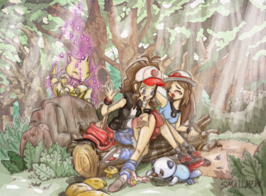 2girls abra female forest hilda_(pokemon) human leaf_(pokemon) oshawott over_the_knee over_the_knee_spanking pokemon pokemon_(species) smallmew spanked spanking