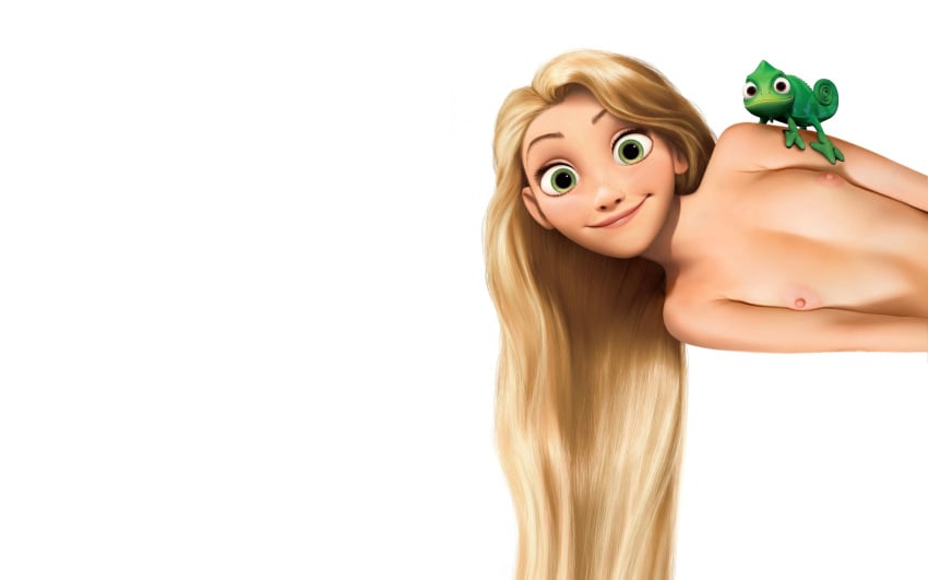 1girls 3d accurate_art_style blonde_hair breasts disney disney_princess edit female green_eyes naked nipples nude pascal_(tangled) rapunzel small_breasts smile tangled third-party_edit topless very_long_hair white_background