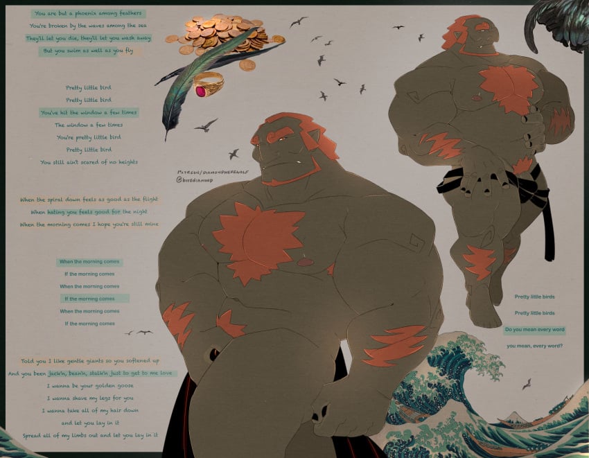 balls bara beard birds bitediamond chest diamondwerewolf facial_hair feathers flaccid ganondorf gerudo green_skin lyrics male male_only muscles muscular nintendo nude penis red_hair solo solo_male the_legend_of_zelda the_wind_waker water waves wind_waker