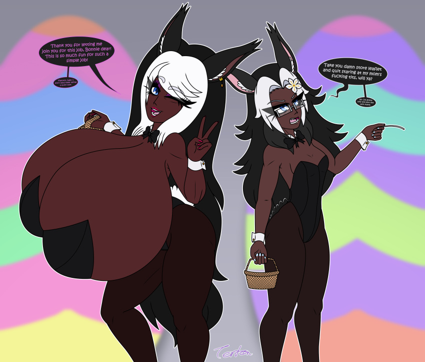 2girls angry animal_ears basket black_hair blue_eyes blue_nails bonnie_the_bun_maid bowtie bowtie_collar breasts bunny_ears bunny_girl bunny_tail bunnygirl bunnysuit closed_eyes curvy dark-skinned_female dark_skin ear_piercing ear_tuft earrings easter easter_egg female female_focus female_only flower_hair_ornament gigantic_breasts girl glasses hairclip hand_on_breast holding_object jewelry lily_hill_(terton) lipstick long_hair looking_at_viewer looking_away milf mother mother_and_daughter multicolored_hair nail_polish oerba_yun_fang open_mouth original original_character painted_nails paper peace_sign purple_eyeshadow red_lipstick red_nail_polish red_nails shortstack small_breasts smiling speech_bubble talking_to_another terton thick_thighs tights white_hair