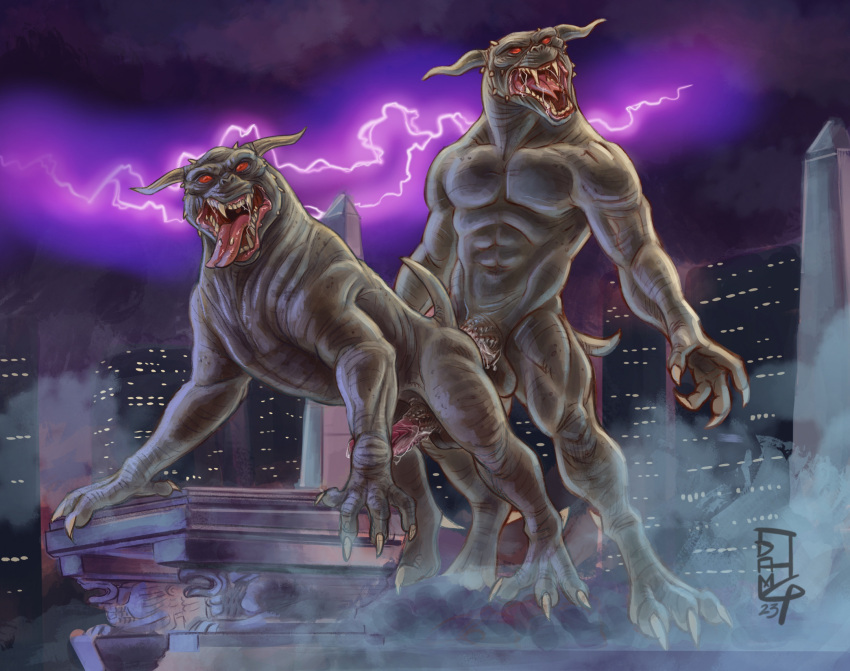 aerosaur83 anal anal_sex anthro anthro_on_feral balls bodily_fluids city city_background draikoth_(rak-sasha) duo electricity feral fog from_behind_position genital_fluids genitals ghostbusters hi_res intraspecies intraspecies_bestiality lightning male male/male nude obelisk penetration penile penile_penetration penis penis_in_ass precum sex terror_dog valekoth_(rak-sasha) zoophilia