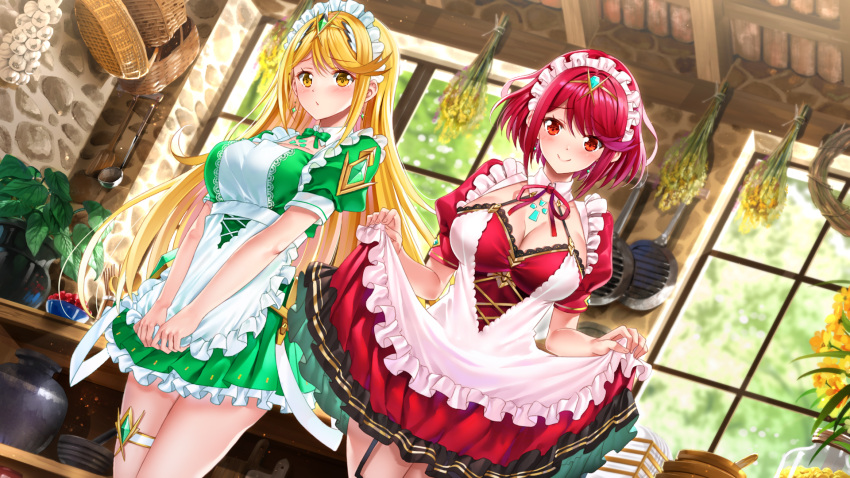 2girls apron basket blonde_hair bowtie breasts core_crystal curtsey detached_collar dishes earrings female female_only flowers frying_pan garter_straps kitchen laddle large_breasts long_hair looking_at_viewer maid maid_apron maid_headdress maid_uniform mythra neck_ribbon nintendo plates potted_plant pyra red_eyes red_hair short_hair spatula swordsouls thigh_strap tiara window xenoblade_(series) xenoblade_chronicles_2 yellow_eyes