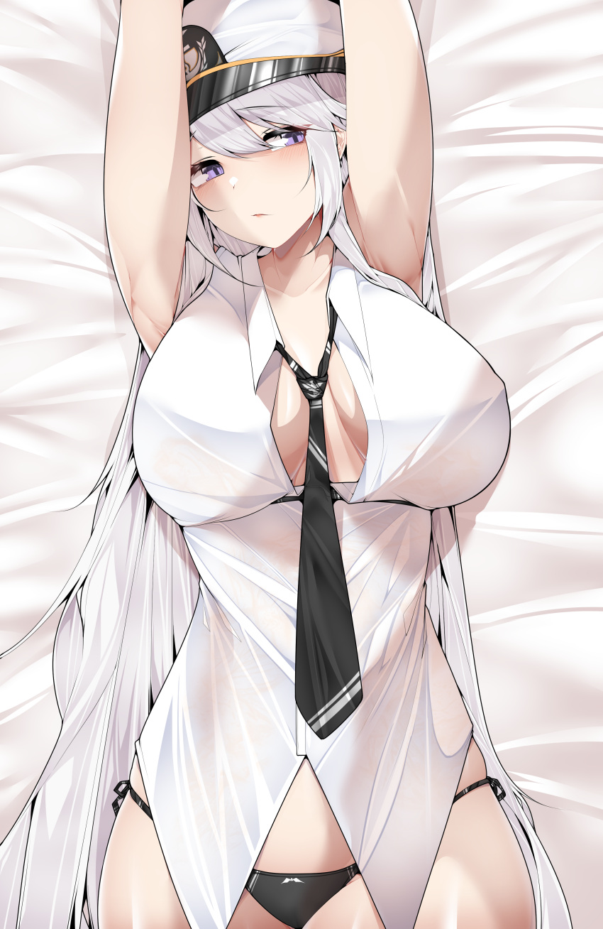 1girls azur_lane bed_sheet big_breasts black_necktie black_panties cap eagle_union_(azur_lane) enterprise_(azur_lane) eyebrows_visible_through_hair female female_only hat light-skinned_female light_skin necktie no_bra on_bed panties purple_eyes samip solo wet_clothes white_bed_sheet white_hair