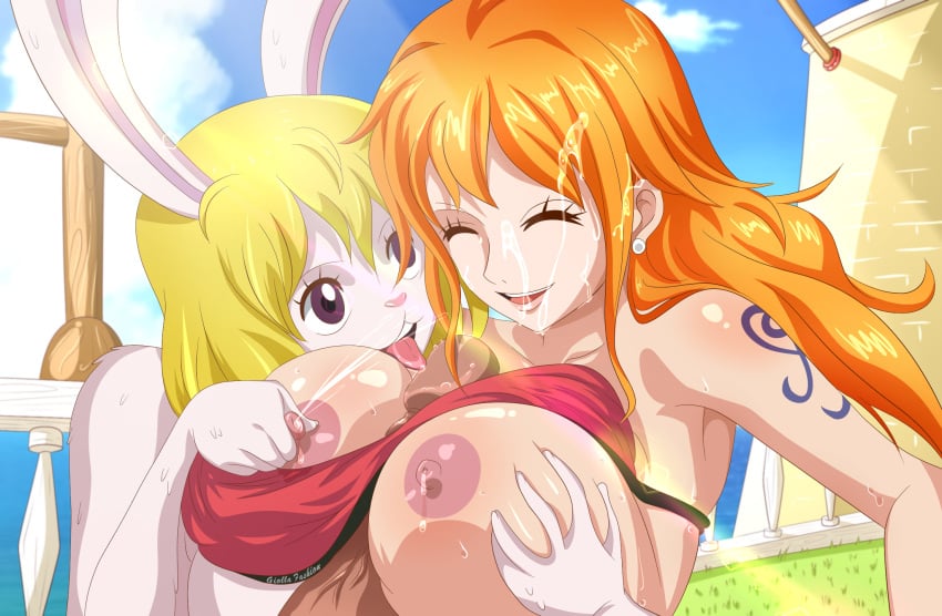 1boy 2girls assisted_paizuri bare_arms bare_breasts bare_hands bare_shoulder bare_shoulders big_breasts blonde blonde_female blonde_hair blonde_hair_female blue_sky breast_milk_squirt breasts brown_eyes bunny_humanoid carrot_(one_piece) cloud clouds cloudy_sky ear_piercing ear_ring earring earrings ejaculation ejaculation_between_breasts facial_ejaculation female female_focus female_human female_humanoid genitals groping_breasts groping_from_behind hair_between_eyes hand_on_breast hand_on_breasts huge_breast human humanoid humanoid_hands kuroko large_breasts licking licking_penis long_ears long_hair long_hair_female male medium_breasts medium_hair milk milk_on_face milk_on_hair nami nami_(one_piece) nipples one_piece open_mouth orange_hair orange_hair_female paizuri paizuri_under_clothes penis penis_lick pirate pointy_chin post-timeskip rabbit_ear rabbit_ears rabbit_girl rabbit_humanoid short_hair sky squirting squirting_milk titfuck titjob tongue tongue_out uncensored uncensored_penis