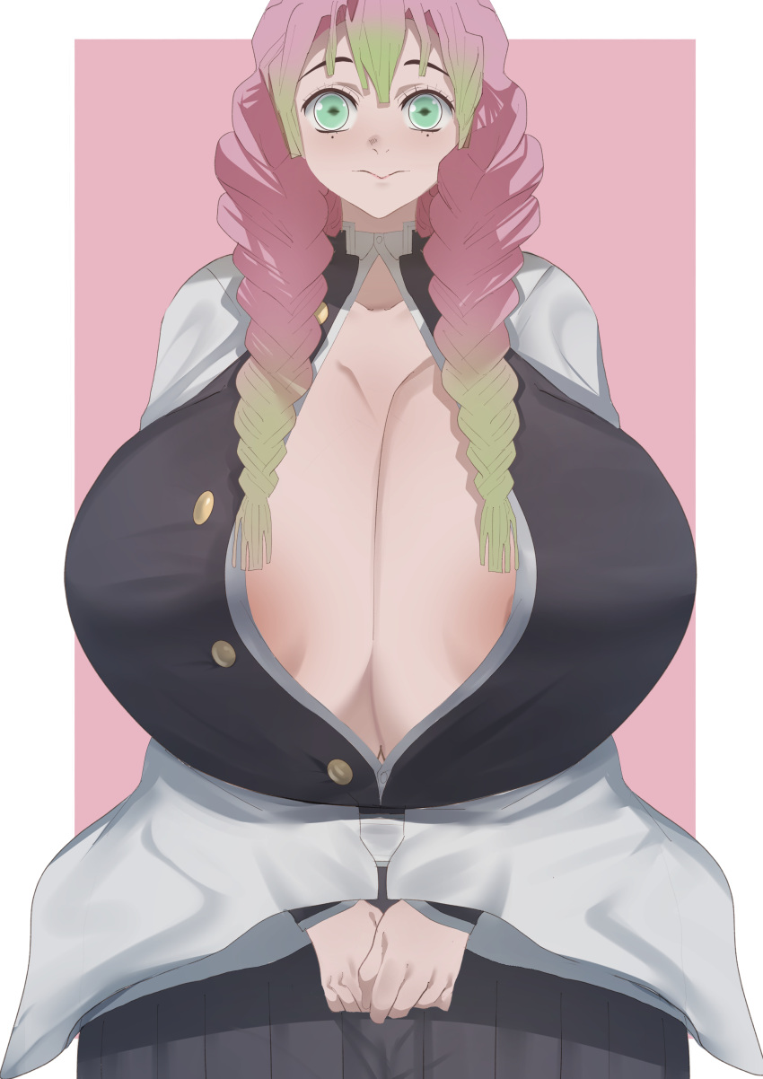 1girls alternate_version_available areola_slip areolae big_breasts breast_focus breasts cleavage clothing demon_slayer female female_only green_eyes green_highlights huge_breasts kanroji_mitsuri kapibara_(mc0314) kimetsu_no_yaiba large_breasts massive_breasts pink_hair solo solo_female twintails