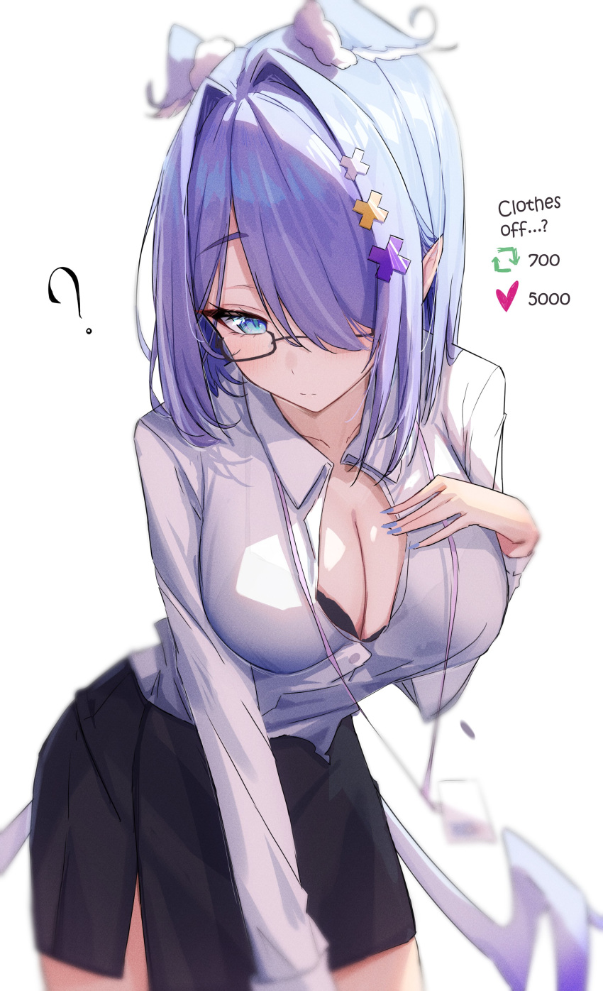 1girls ? black_bra blue_hair bob_cut bra_visible_through_clothes breasts cleavage dragon_girl elira_pendora english_text female female_only glasses hair_over_one_eye hand_on_breast head_wings id_card leaning_forward nijisanji nijisanji_en office_lady painted_nails pointy_ears ruru_nnnn short_hair skirt solo strip_game text unbuttoned_shirt vented_skirt virtual_youtuber white_background white_shirt wings