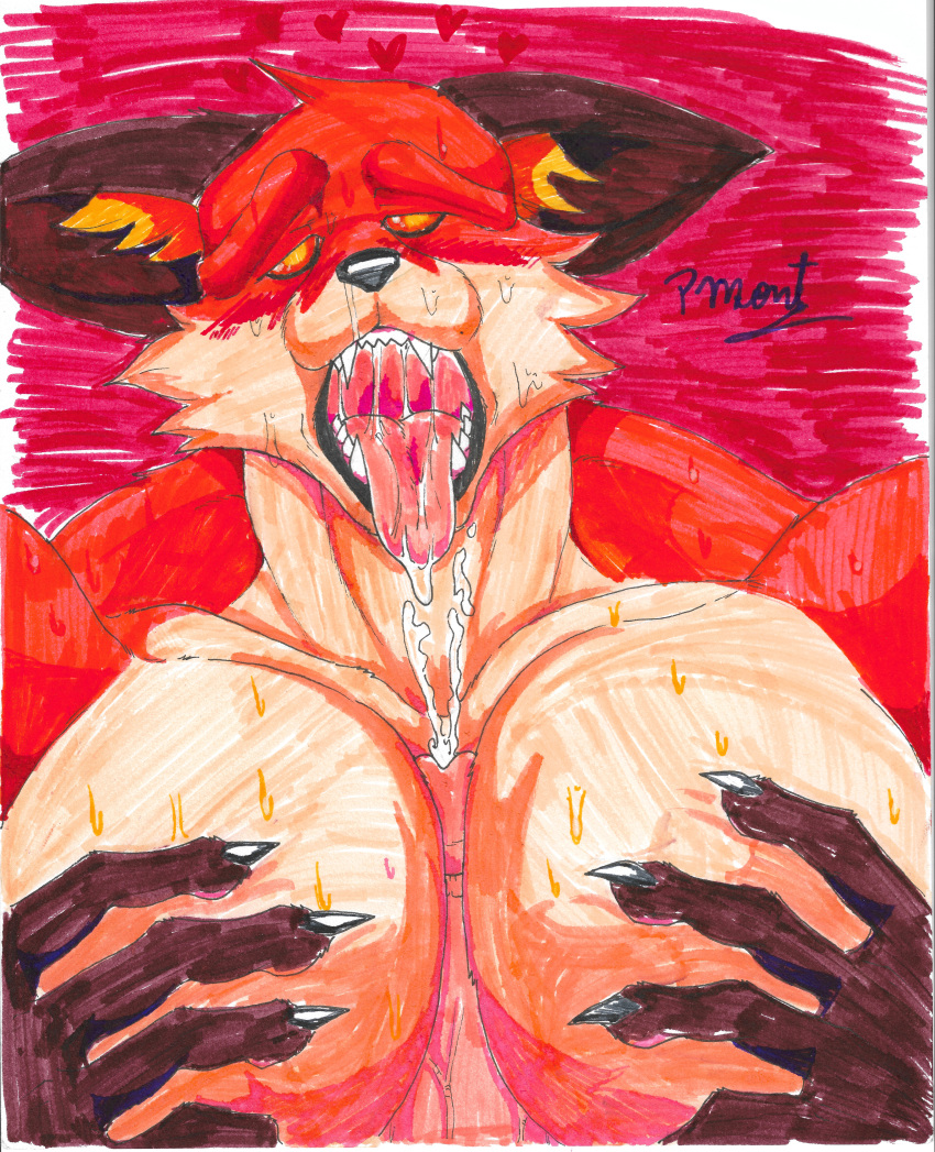 absurd_res anthro barazoku blush bodily_fluids canid canine canis clawed_fingers claws cum cum_on_penis duo ears_down ejaculating_cum ejaculation epic_games erection fangs fennix_(fortnite) fortnite fox fur gay genital_fluids genitals heart hi_res human male male/male mammal masturbation multicolored_body multicolored_fur open_mouth pecs penis penis_on_pecs pinumontbalou pivoted_ears saliva saliva_on_tongue saliva_string submissive submissive_anthro submissive_male sweat teeth tongue tongue_out traditional_media_(artwork) yellow_eyes