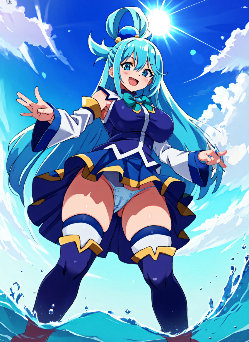 1girls ai_generated aqua_(konosuba) aqua_eyes aqua_hair beach blue_eyes blue_hair dress female female_only from_below hi_res kono_subarashii_sekai_ni_shukufuku_wo! mabi_ai pan panties skirt solo thick_thighs thighhighs thighs upskirt