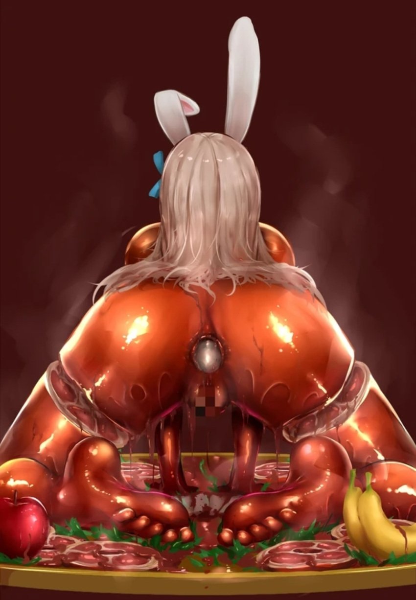 anus apple asuna_(blue_archive) asuna_(bunny)_(blue_archive) asuna_(bunny_girl)_(blue_archive) banana big_breasts blonde_hair blue_archive blue_eyes blue_ribbon bunny_ears bunnysuit cannibalism censored cooked_alive death ears female_death gaping gaping_anus guro literal_spitroast octa_(underbelly) sauce severed_arm severed_genitals severed_head severed_leg