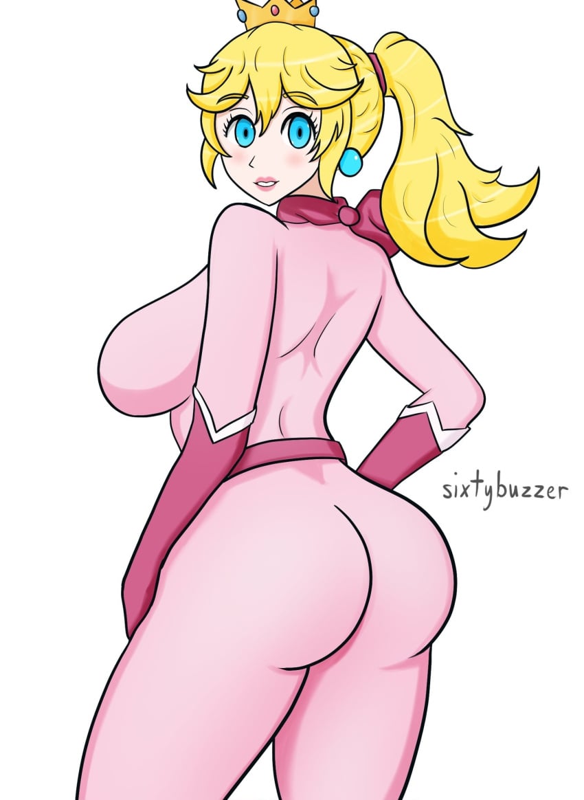 1girls artist_name ass big_ass big_breasts blonde_hair blue_eyes bodysuit breasts busty female female_only huge_ass large_breasts legs long_hair looking_at_viewer mario_(series) nintendo parted_lips pink_lips ponytail princess princess_peach sideboob sixtybuzzer smile super_mario_bros._(2023_film) thighs voluptuous