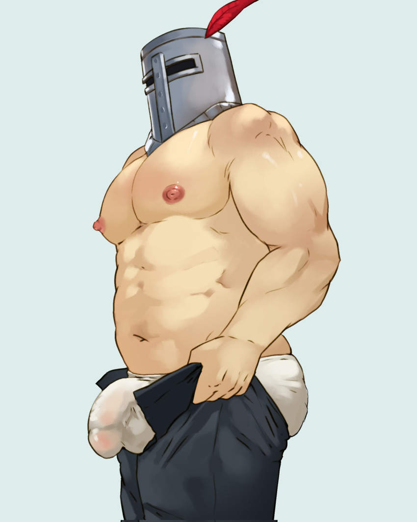 1boy bara beefy bulge dark_souls flaccid fromsoftware gay helmet knight male male_only meme muscular muscular_male pecs penis_outline rickpenman solaire_of_astora solo solo_male tight_pants_(meme) topless topless_male underwear