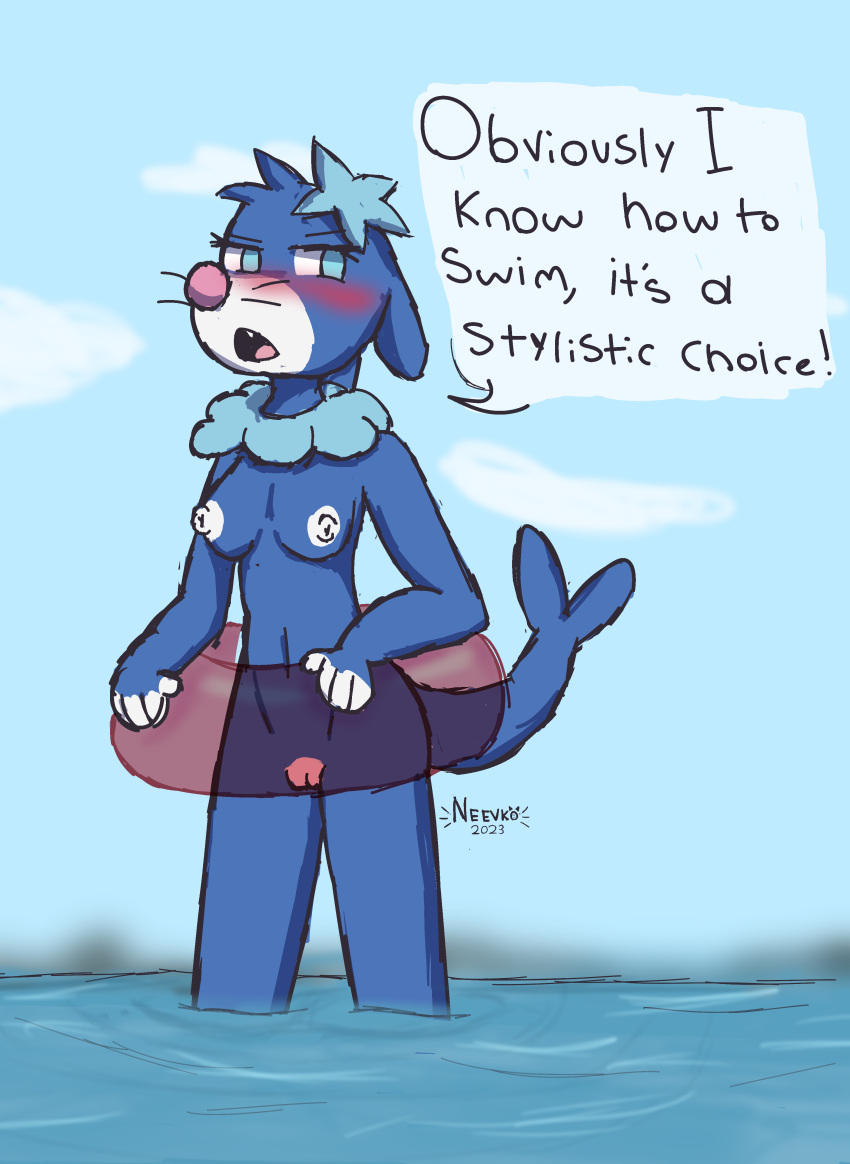 absurd_res anthro blue_body breasts clothing dialogue digital_media_(artwork) embarrassed english_text female floatie generation_7_pokemon genitals hi_res inflatable nintendo nipples notsafeforvee nude open_mouth outside pokemon pokemon_(species) popplio pussy simple_background solo speech_bubble swimwear tail text water