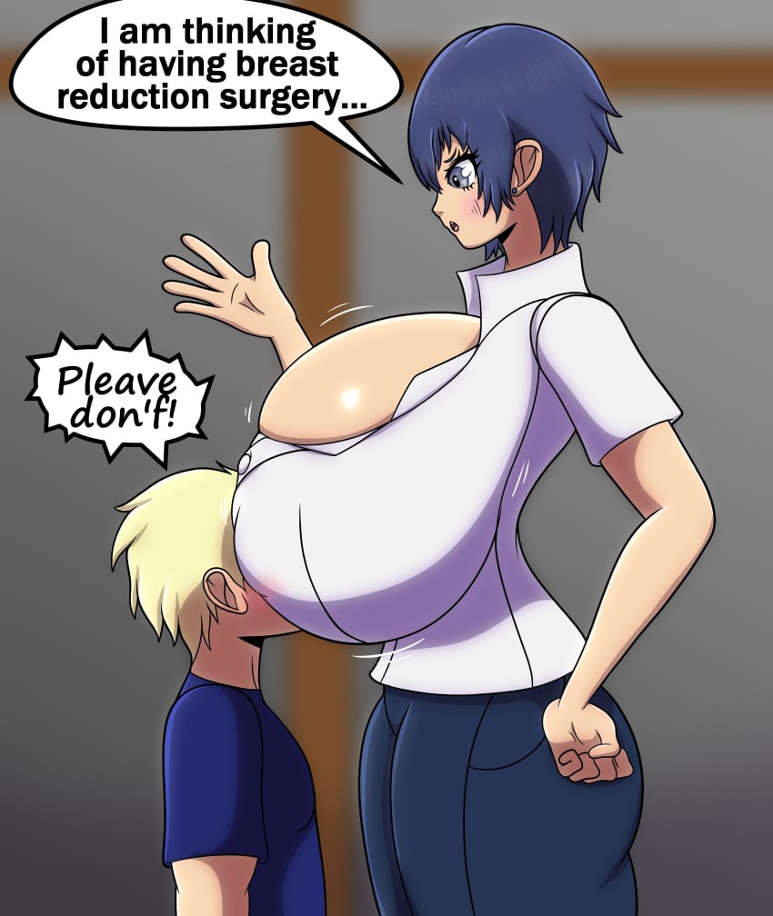 1boy 1girls amazon big_breasts blonde_hair blonde_male blue_hair blush breast_expansion breasts english english_text exposed_breasts face_in_breasts giantess grey_background hi_res huge_breasts justjake kanji_tatsumi large_breasts light-skinned_female light-skinned_male mini_giantess persona persona_4 shirogane_naoto size_difference text wide_hips