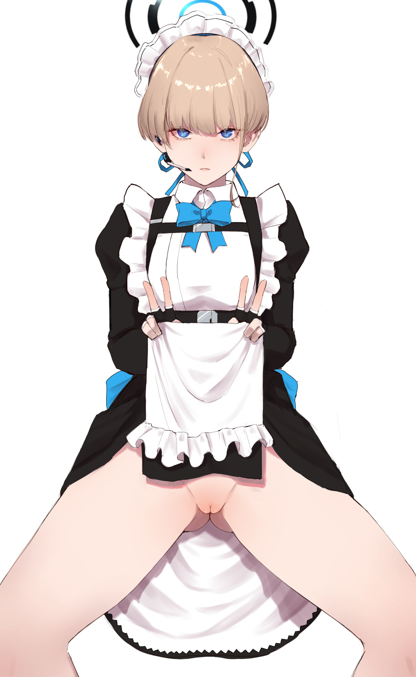 absurdres ass_visible_through_thighs black_gloves blonde_hair blue_archive cleaning_&_clearing_(blue_archive) double_v earpiece expressionless female frills gloves halo highres lifted_by_self looking_at_viewer maid maid_headdress millennium_science_school_student no_panties nonflied puffy_sleeves pussy short_hair simple_background solo spread_legs toki_(blue_archive) uncensored v white_background