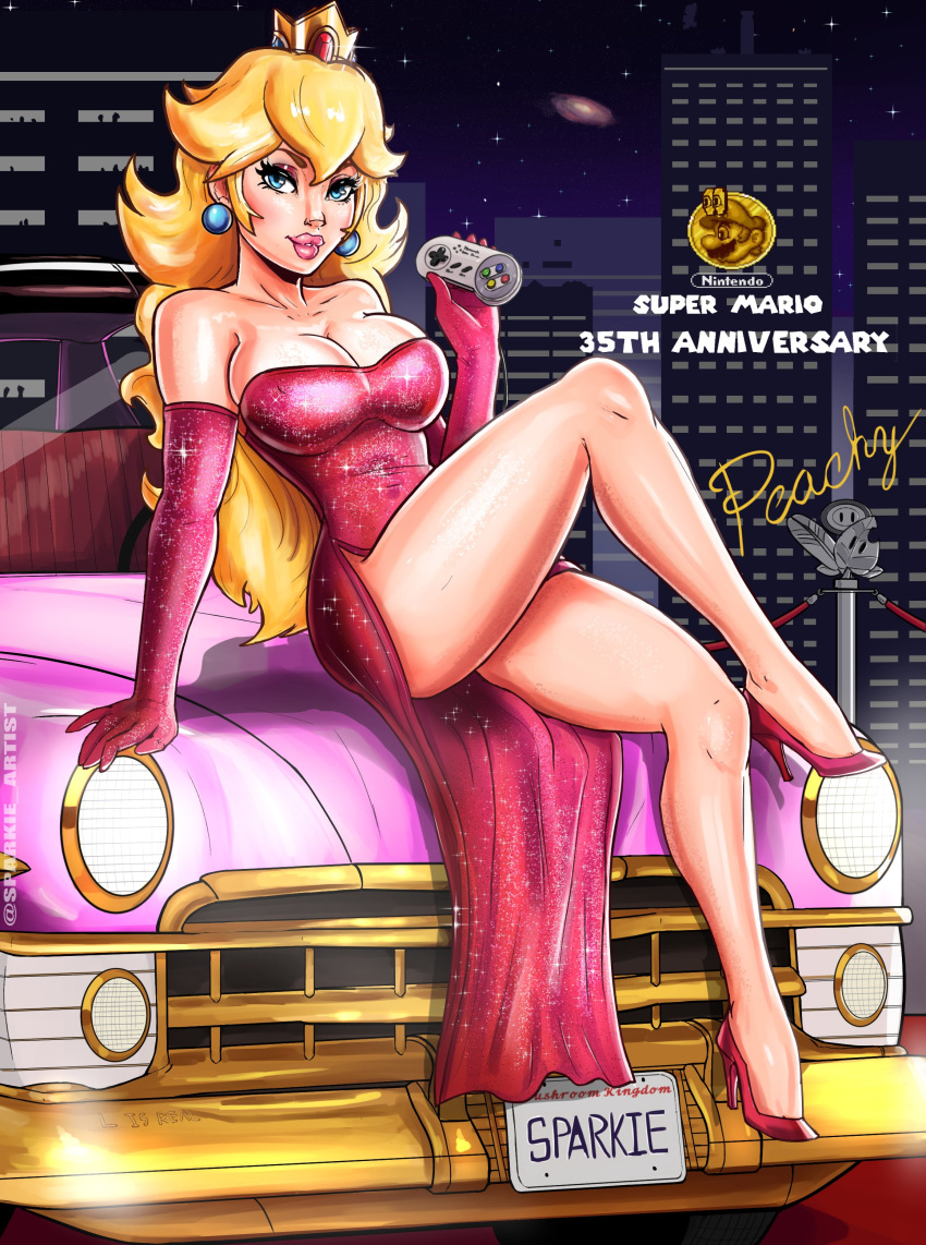 1girls arm_support artist_name big_breasts blue_eyes breasts busty car cleavage crossed_legs dress female female_only game_console gloves ground_vehicle heels large_breasts legs long_hair looking_at_viewer mario_(series) motor_vehicle nintendo parted_lips pink_lips princess princess_peach seductive seductive_smile sensual sitting smile solo sparkietheartist super_mario_all-stars super_nintendo thick_thighs thighs voluptuous