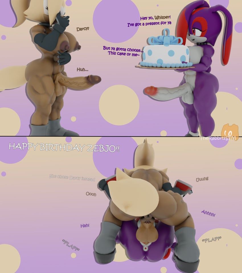 3d_(artwork) absurd_res anthro ass balls big_breasts big_butt birthday birthday_cake blender_(software) blender_cycles breasts brown_body brown_fur cake canid canine canis comic cream_the_rabbit darcy_the_rabbit_(therabbitsnsfw) demon_rabbit dessert dialogue digital_media_(artwork) duo english_text erection fan_character food from_front_position fur genitals gynomorph gynomorph/gynomorph gynomorph_penetrated gynomorph_penetrating gynomorph_penetrating_gynomorph gynomorph_penetrating_intersex hi_res huge_thighs idw_comics idw_publishing intersex intersex/intersex intersex_penetrated intersex_penetrating intersex_penetrating_gynomorph intersex_penetrating_intersex lagomorph leporid mammal mating_press mobian_(species) muscular muscular_gynomorph muscular_intersex nipples nude penetration penis purple_body purple_fur pussy rabbit red_body red_eyes red_fur sega sex simple_background smile sonic_(series) sonic_the_hedgehog_(comics) sonic_the_hedgehog_(idw) sonic_the_hedgehog_(series) tan_body tan_fur text therabbitsnsfw thick_thighs whisper_the_wolf widescreen wolf