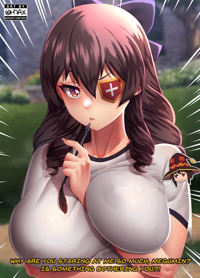 1girls arue_(konosuba) breast_focus breasts brown_hair eyepatch female kono_subarashii_sekai_ni_bakuen_wo! kono_subarashii_sekai_ni_shukufuku_wo! large_breasts long_hair megumin nipples_visible_through_clothes ohdax red_eyes ribbon tagme