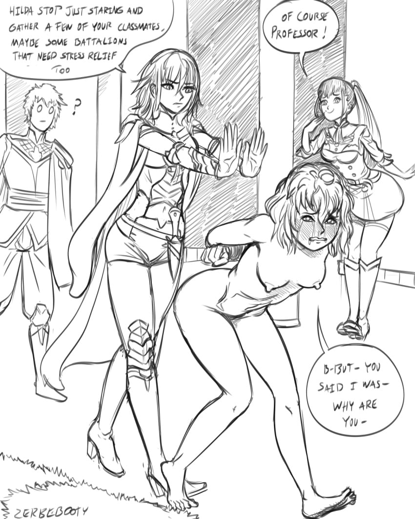 1boy 3girls arms_behind_back arms_tied assisted_exposure bernadetta_von_varley byleth_(fire_emblem) byleth_(fire_emblem)_(female) crying crying_with_eyes_open embarrassed embarrassed_nude_exposure embarrassed_nude_female english_text exhibitionism female fire_emblem fire_emblem:_three_houses forced forced_exposure hilda_valentine_goneril humiliation male monochrome multiple_girls public public_nudity pushing text zerbebuth