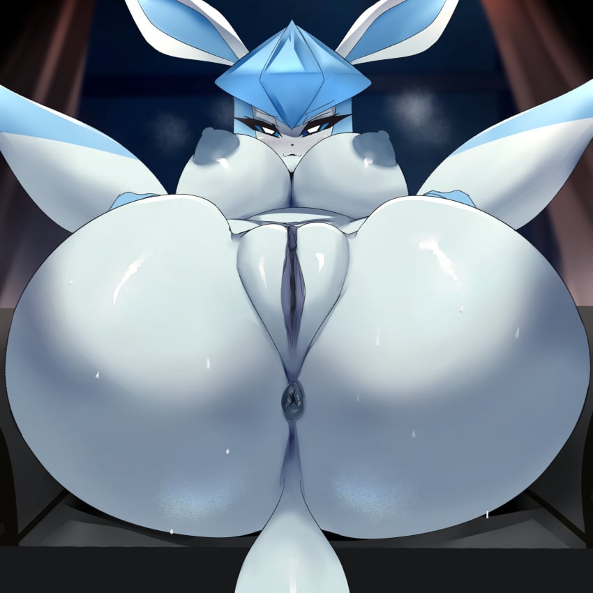 anthro anus ass big_breasts big_butt blue_body breasts eeveelution female generation_4_pokemon genitals glaceon hi_res legs_apart legs_back looking_at_viewer nintendo nipples nude pokemon pokemon_(species) presenting presenting_anus presenting_pussy pussy sana!rpg solo spread_legs spreading sweat