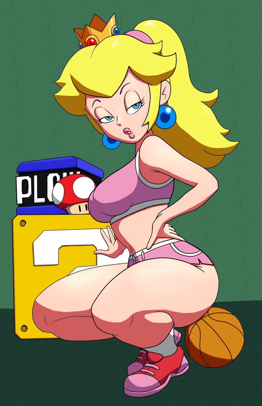 1girls basketball basketball_uniform big_breasts blonde_hair blue_eyes booty_shorts breasts bubble_butt busty female female_only from_side hand_on_hip highres jigglytoons large_breasts legs long_hair looking_at_viewer mario_(series) mario_hoops_3_on_3 midriff navel nintendo parted_lips pink_lips ponytail princess princess_peach sensual short_shorts shorts sideboob solo soubriquetrouge sports_bra sportswear squatting thick_thighs thighs voluptuous