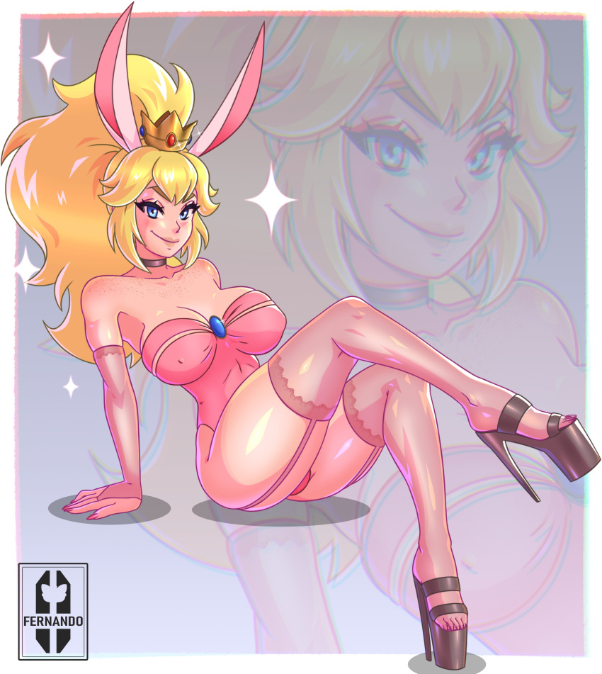 1girls arm_support artist_name big_breasts blonde_hair blue_eyes breasts bunny_ears bunny_girl busty cleavage feet female female_only fernando fingerless_gloves gloves heels large_breasts legs leotard long_hair looking_at_viewer mario_(series) nintendo pink_lips ponytail pose posing princess princess_peach seductive seductive_smile sensual smile thighs voluptuous