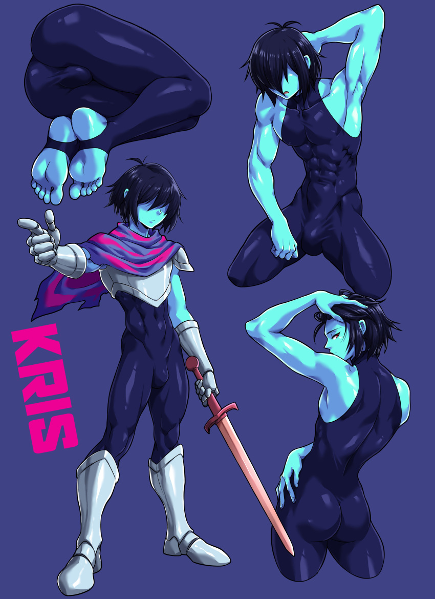 1boy ass ball_bulge blue_body blue_hair blue_skin bodysuit bulge deltarune feet ignition_crisis kris_(deltarune) male male_focus male_only muscles penis_bulge posing presenting presenting_ass presenting_bulge presenting_hindquarters presenting_penis sgt_crisis solo solo_male spandex twink