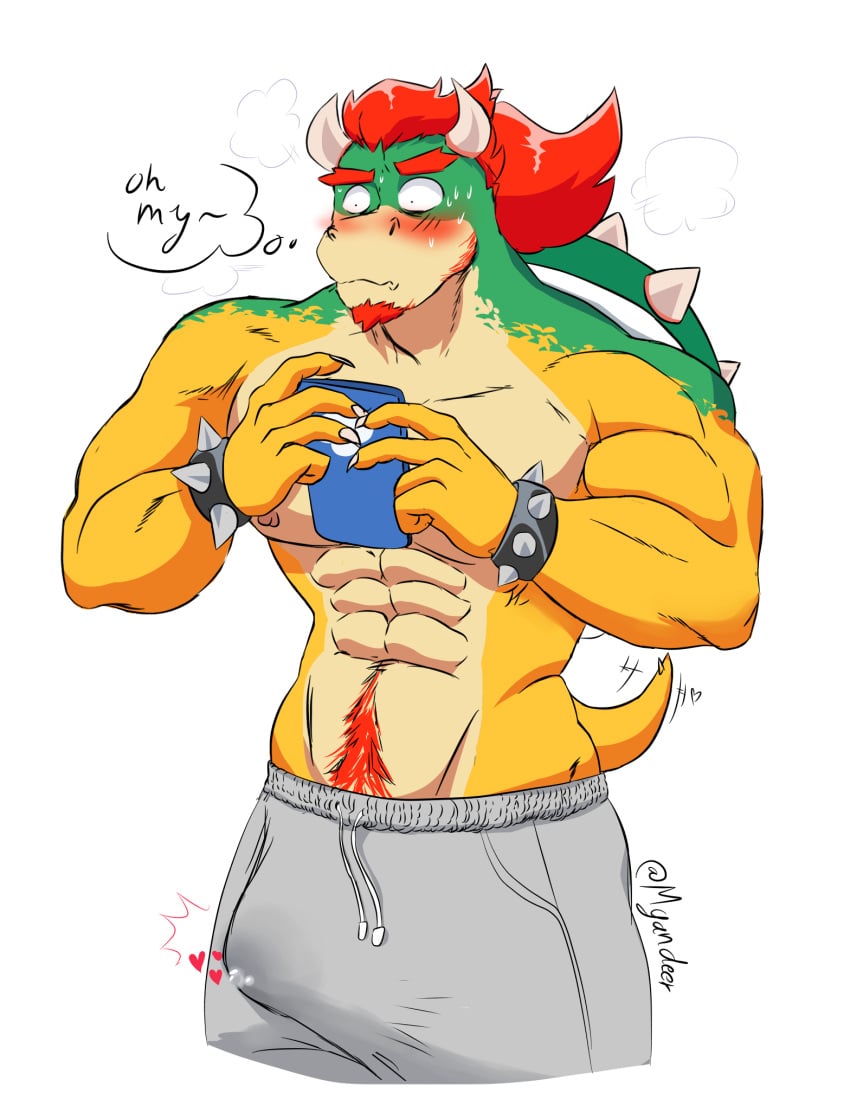 barazoku bowser_jr. erection hi_res leaky male male_only mario_(series) mogandeer morgandeer muscular muscular_male nintendo sweatpants teasing