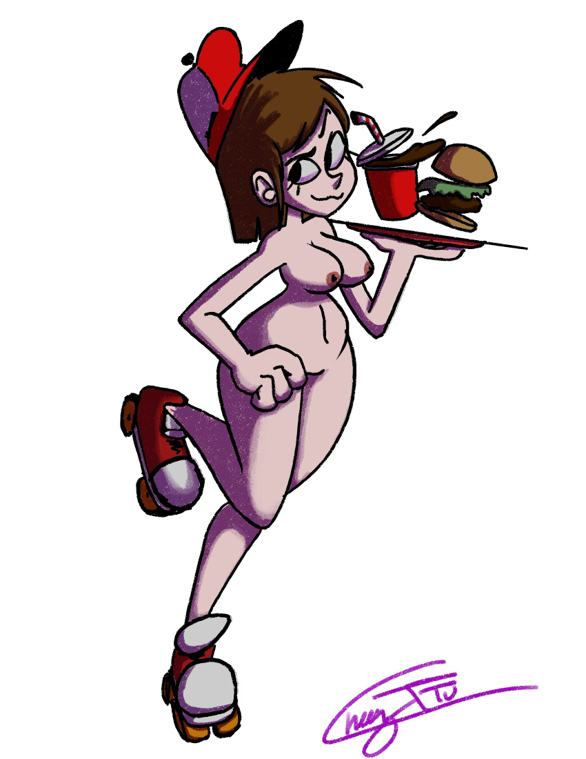 :3 big_breasts breasts brown_hair burger cheezttv cup drink fast_food_uniform female hat lettuce nipples pinup roller_skates rollerblades signature soda straw white_background