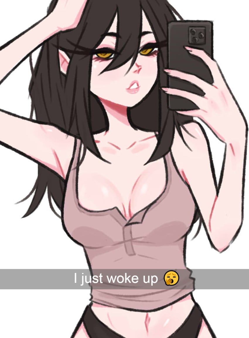 1girls areolae bed bedroom bite black_hair breast_squeeze breasts breasts_out collar cute demon demon_girl dijor98 medium_breasts open_mouth piercing see-through tail teeth tyra_(dijor98) white_background yellow_eyes