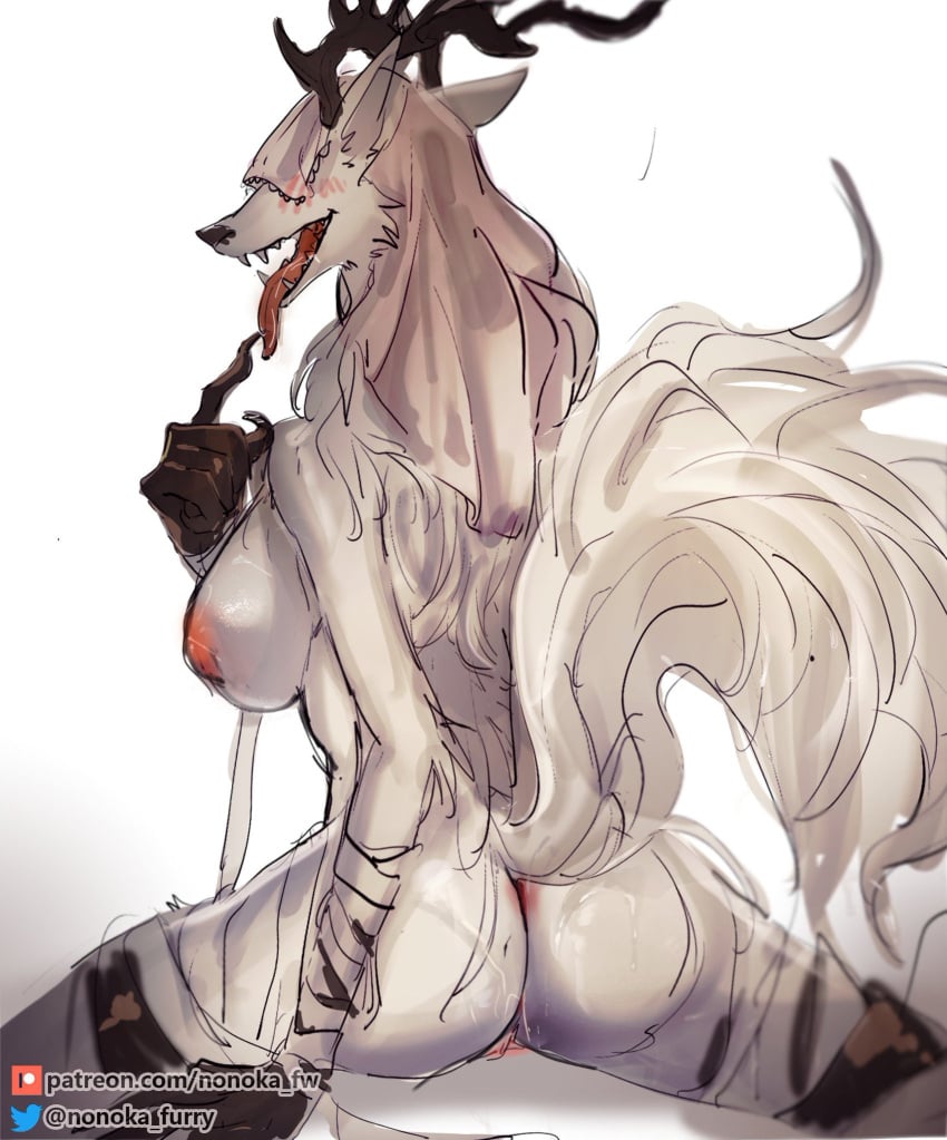 2023 anthro antlers anus ass beast_(bloodborne) bloodborne breasts canid canine closed_eyes female fromsoftware fur genitals hair hi_res horn kneeling looking_back mammal monster nipples nonoka917 open_mouth pussy rear_view solo sony_corporation sony_interactive_entertainment tongue tongue_out vicar_amelia white_body white_fur white_hair