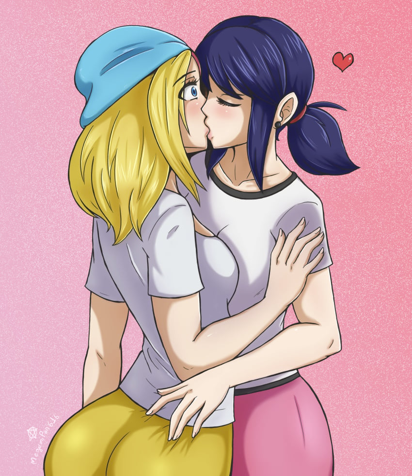 2girls ass beanie blonde_hair blue_eyes blue_hair closed_eyes clothed clothing couple earrings female female_only fully_clothed hi_res highres kissing lesbian lesbian_kiss marinette_cheng marinette_dupain-cheng megumipan616 miraculous_ladybug surprised twintails yuri zoe_lee