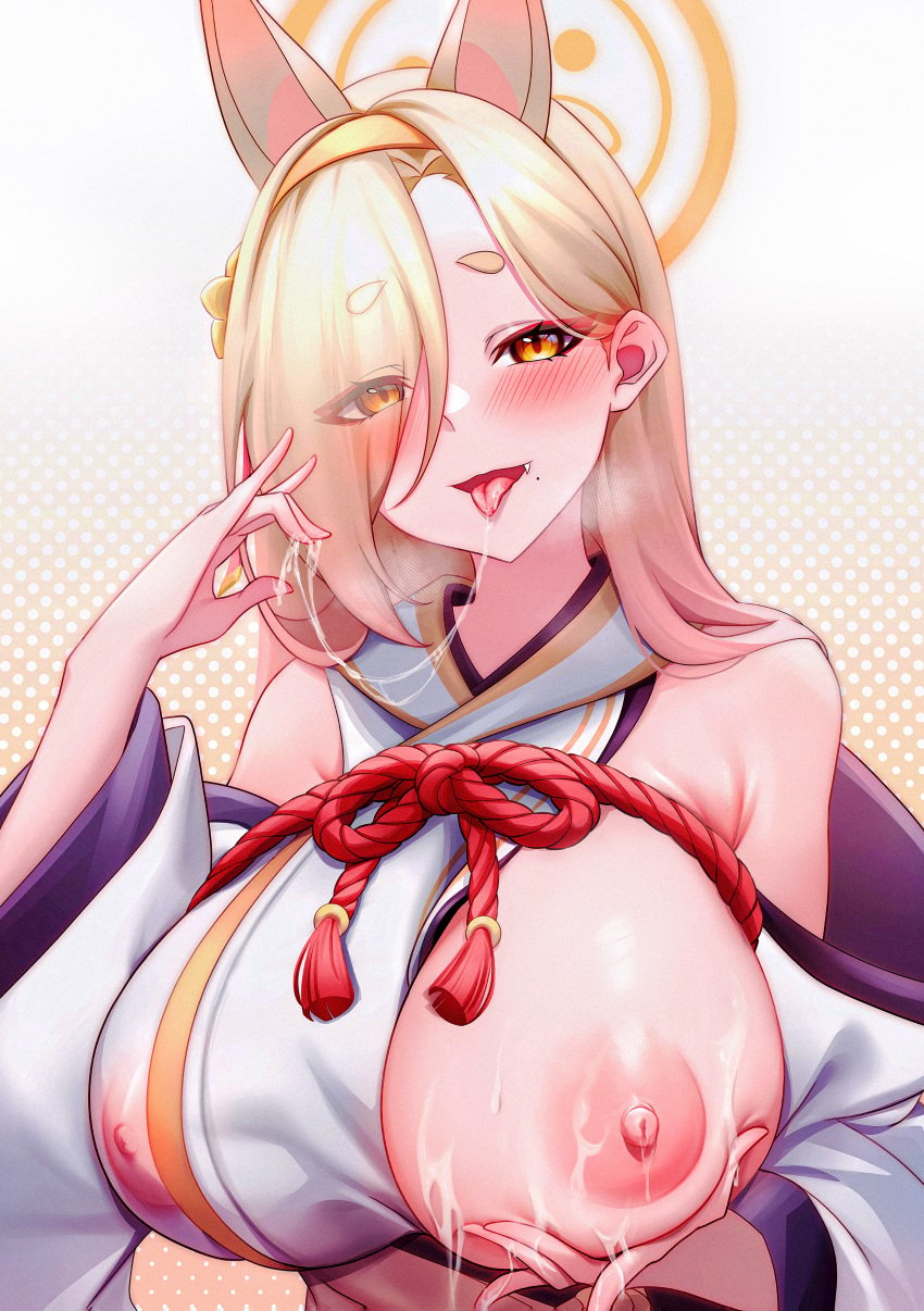 1girls absurdres allied_hyakkiyako_academy_student animal_ears bare_shoulders blonde_hair blue_archive blush breasts covered_nipples cum cum_on_body cum_on_breasts cum_string detached_sleeves eyeshadow female fox_ears hair_over_one_eye hairband halo highres japanese_clothes kaho_(blue_archive) kimono large_breasts light-skinned_female light_skin long_hair looking_at_viewer makeup mole mole_under_mouth nipples oerba_yun_fang one_breast_out pink_eyeshadow sleeveless sleeveless_kimono solo st_r thick_eyebrows tongue tongue_out wide_sleeves yellow_eyes yellow_hairband yin-yang_club_(blue_archive)