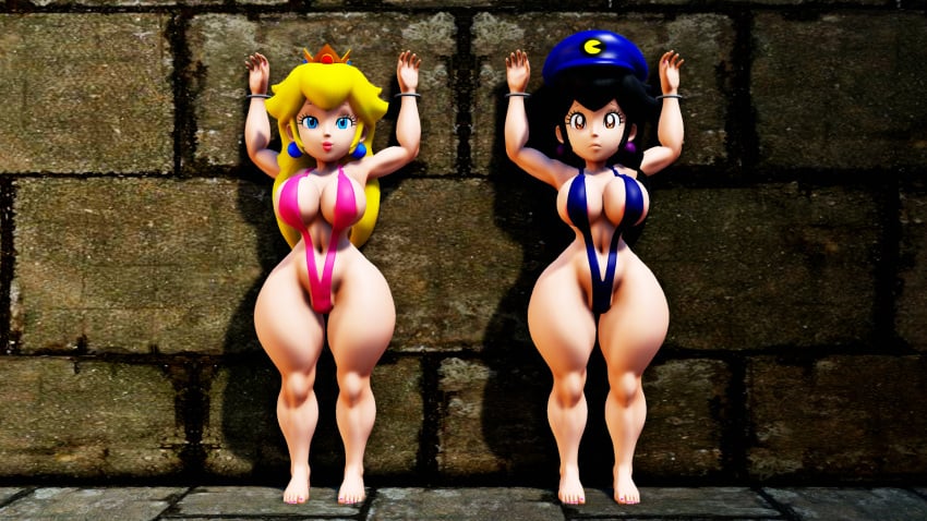 2girls 3d 3d_(artwork) armpits arms_up barefoot big_breasts big_thighs black_hair blonde_hair blue_eyes blue_sling_bikini breasts brown_eyes busty cap chained child_bearing_hips cleavage crown curvy duo feet female female_only half-closed_eyes hi_res huge_breasts legs light-skinned_female light_skin lips lipstick long_hair looking_at_viewer mario_(series) multiple_girls nail_polish navel nintendo original_character pac-mario64 pink_lipstick pink_nail_polish pink_nails pink_sling_bikini princess princess_peach sling_bikini slingshot_swimsuit smile thick thick_hips thick_thighs thighs wide_hips