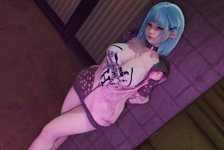 3d ahwlly ahwlly_(artist) blue_hair looking_at_viewer pink_eyes self_insert short_hair sweater tagme tank_top