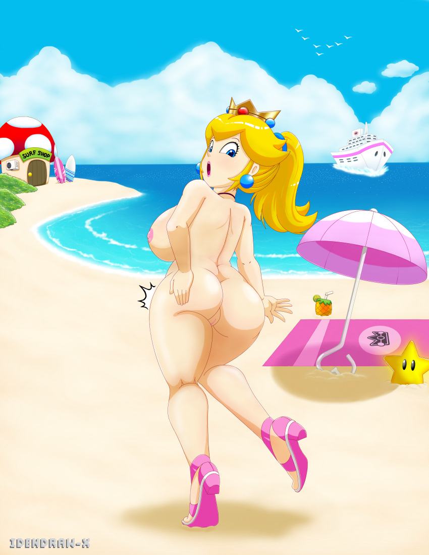 1girls artist_name ass beach big_ass big_breasts blonde_hair blue_eyes breasts busty feet female female_only hand_on_ass hand_on_own_ass heels highres huge_ass huge_breasts idendrawx legs long_hair looking_at_viewer looking_back mario_(series) nintendo nipples nude ocean open_mouth outdoors princess princess_peach pussy sideboob starman_(mario) super_mario_bros. thick_thighs thighs voluptuous water