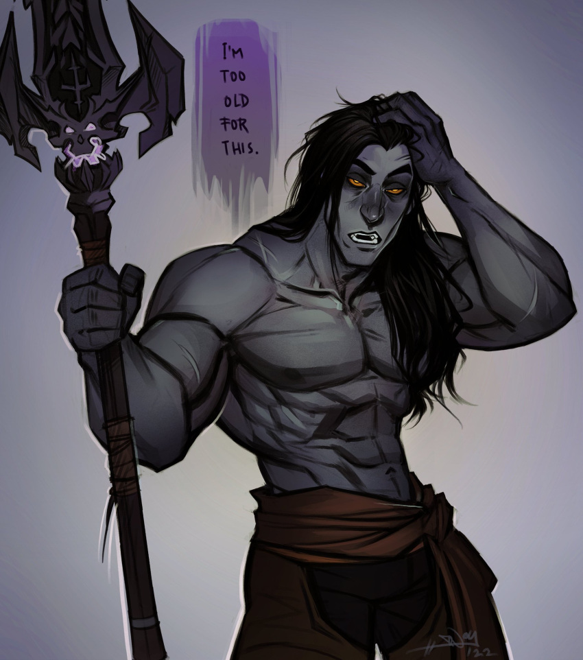 1boy abs bare_arms bare_chest biceps black_hair blush blushing broad_shoulders darksiders darksiders_2 death_(darksiders) facing_forward facing_viewer front_view glowing_eyes grey_background grey_body grey_skin hand_on_head holding holding_object holding_weapon humanoid long_hair male male_only muscle muscles muscular muscular_arms muscular_male no_humans no_shirt notesz_(artist) open_mouth orange_eyes pants pants_only pecs pectorals plain_background rubbing rubbing_head shirtless shirtless_(male) simple_background spear speech_bubble tagme tagme_(artist) triceps weapon