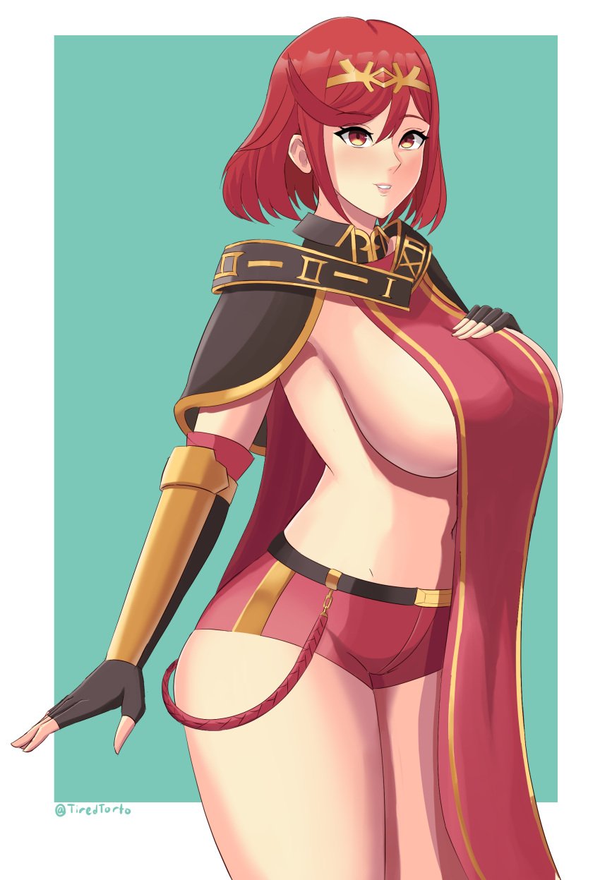 1girls big_breasts breasts celica_(fire_emblem)_(cosplay) cosplay fire_emblem fire_emblem_awakening fire_emblem_gaiden huge_breasts pyra red_eyes red_hair short_shorts shorts sideboob smile tiredtorto tummy xenoblade_(series) xenoblade_chronicles_2