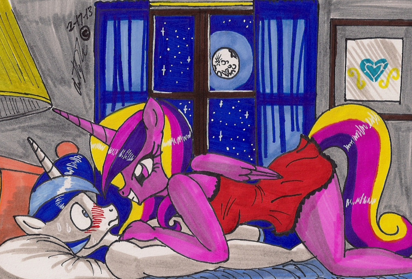 1boy 1girls alicorn anthro anthro_on_anthro bed blue_underwear blushing curtains female lamp lingerie male male/female moon my_little_pony my_little_pony_friendship_is_magic newyorkx3 night nightgown princess_cadance_(mlp) shining_armor_(mlp) sweating topless topless_anthro topless_male underwear unicorn window