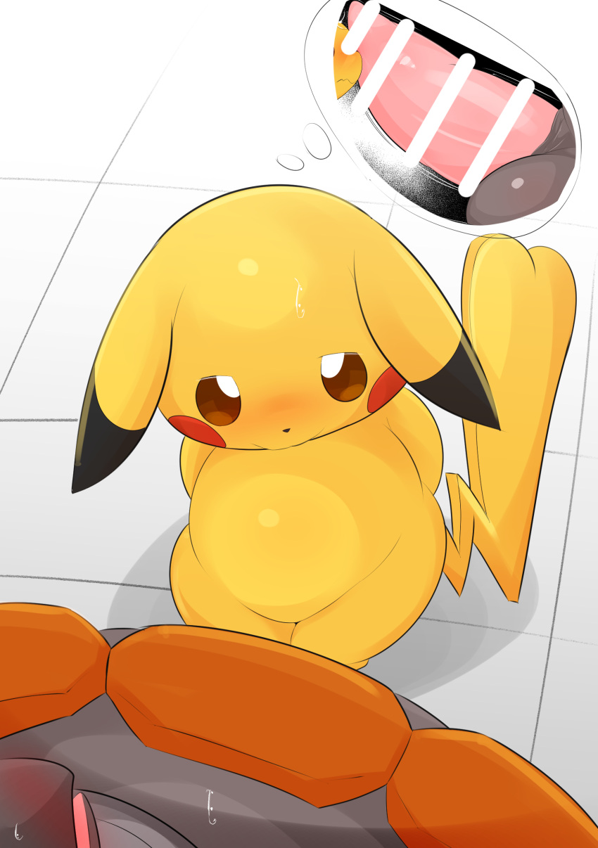 absurd_res anthro balls biped blush bodily_fluids brown_eyes censor_bar censored duo erection female generation_1_pokemon generation_4_pokemon genitals grey_body hands_behind_back hi_res male nintendo orange_body penis pikachu pokemon pokemon_(species) rhyperior sweat tail type yellow_body