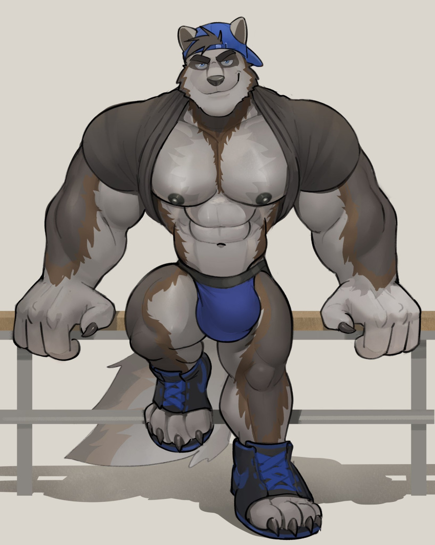 2022 abs anthro arm_support bara black_nipples blue_clothing blue_eyes blue_underwear bulge canid canine claws clothed clothing footwear gay gulonine hat headgear headwear hi_res hybrid jockstrap kenkudog leaning leaning_back male male_only mammal muscular muscular_anthro muscular_male mustelid musteline nipples partially_clothed presenting railing raised_clothing raised_shirt raised_topwear shadow shirt shoes simple_background smile smug sneakers solo standing styrling topwear underwear were werecanid werecanine werewolf