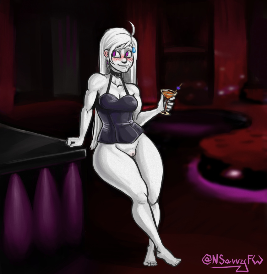 big_ass black_corset blush bottomless choker cocktail corset dark_room elara_ethel_(nsavvyfw) embarassed enf facial_scar fit_female hair_down huge_ass leaning long_hair martini_glass notsavvyforwork nsavvyfw oc original_character public public_nudity purple_eyes pussy_out scar scars sex_club shaved_pussy shy small_breasts sweat sweatdrop toned toned_arms toned_female violet_eyes white_body white_hair white_skin