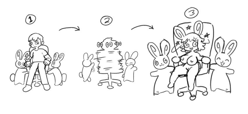 anthro arrow_sign big_breasts breasts chair dizzy furniture genitals group hi_res human lagomorph leporid line_art male mammal plushie popstick pussy rabbit sequence spinda spinning transformation trio