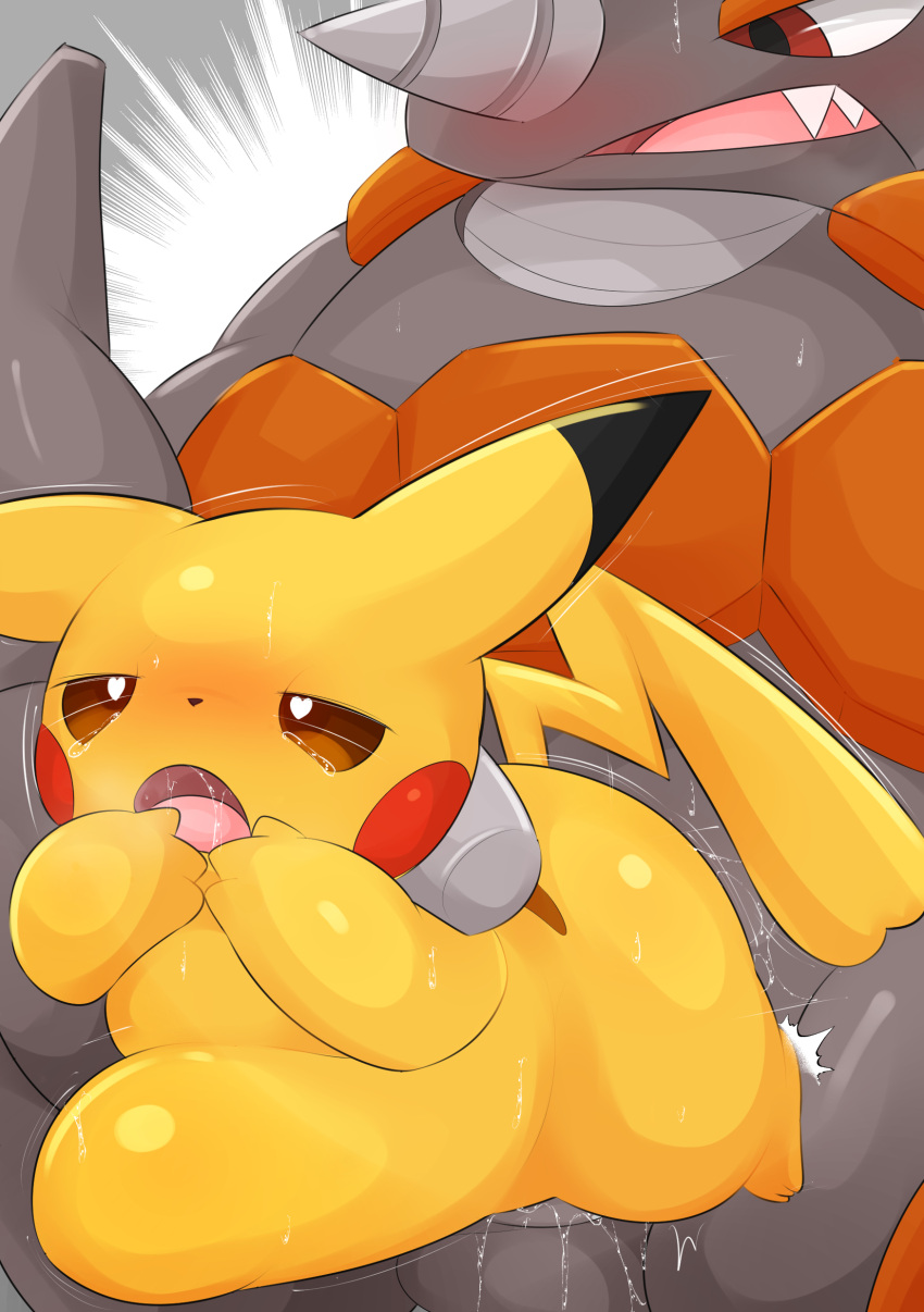 <3_eyes absurd_res ambiguous_penetration anthro biped blush bodily_fluids brown_eyes duo female generation_1_pokemon generation_4_pokemon grey_body hands_behind_back heart hi_res male male/female nintendo orange_body penetration pikachu pokemon pokemon_(species) rhyperior sex size_difference stomach_bulge sweat type yellow_body