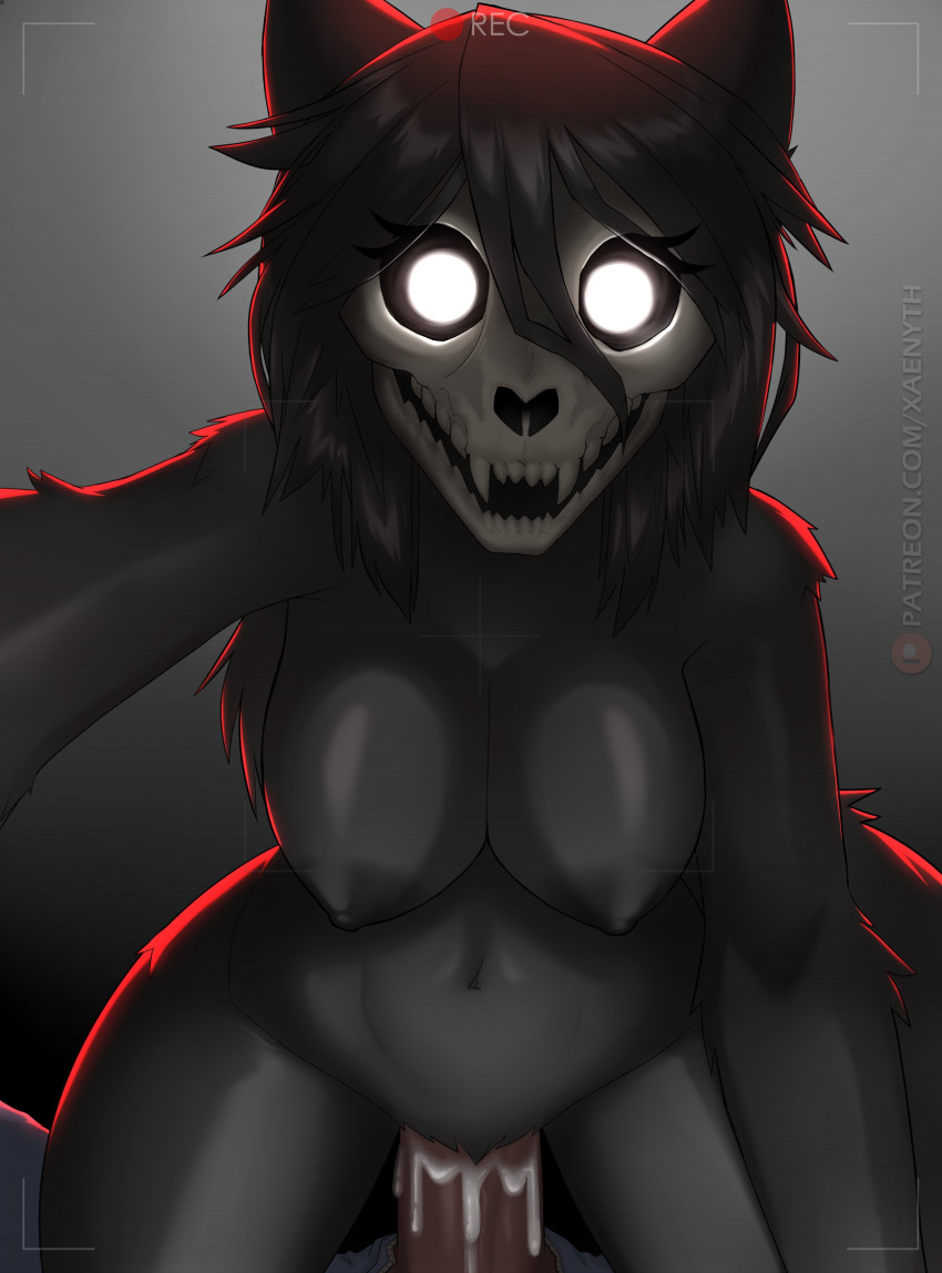 absurdres anthro black_fur bone breasts canid canine fangs female fur furry genitals glowing glowing_eyes highres mal0 male malo mammal navel nipples pussy recording scp-1471 scp-1471-a scp_foundation sex skull skull_head solo_focus straight teeth vaginal_penetration xaenyth